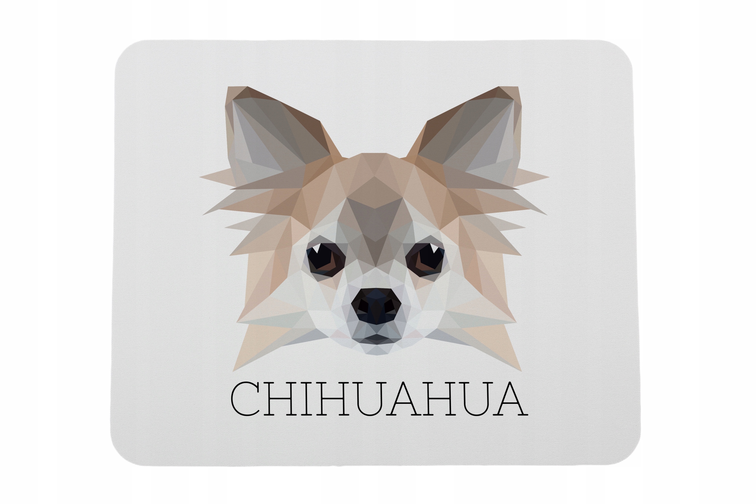 Chihuahua długowłosy -geometryczna podkładka ze zdjęciem i napisem pod mysz