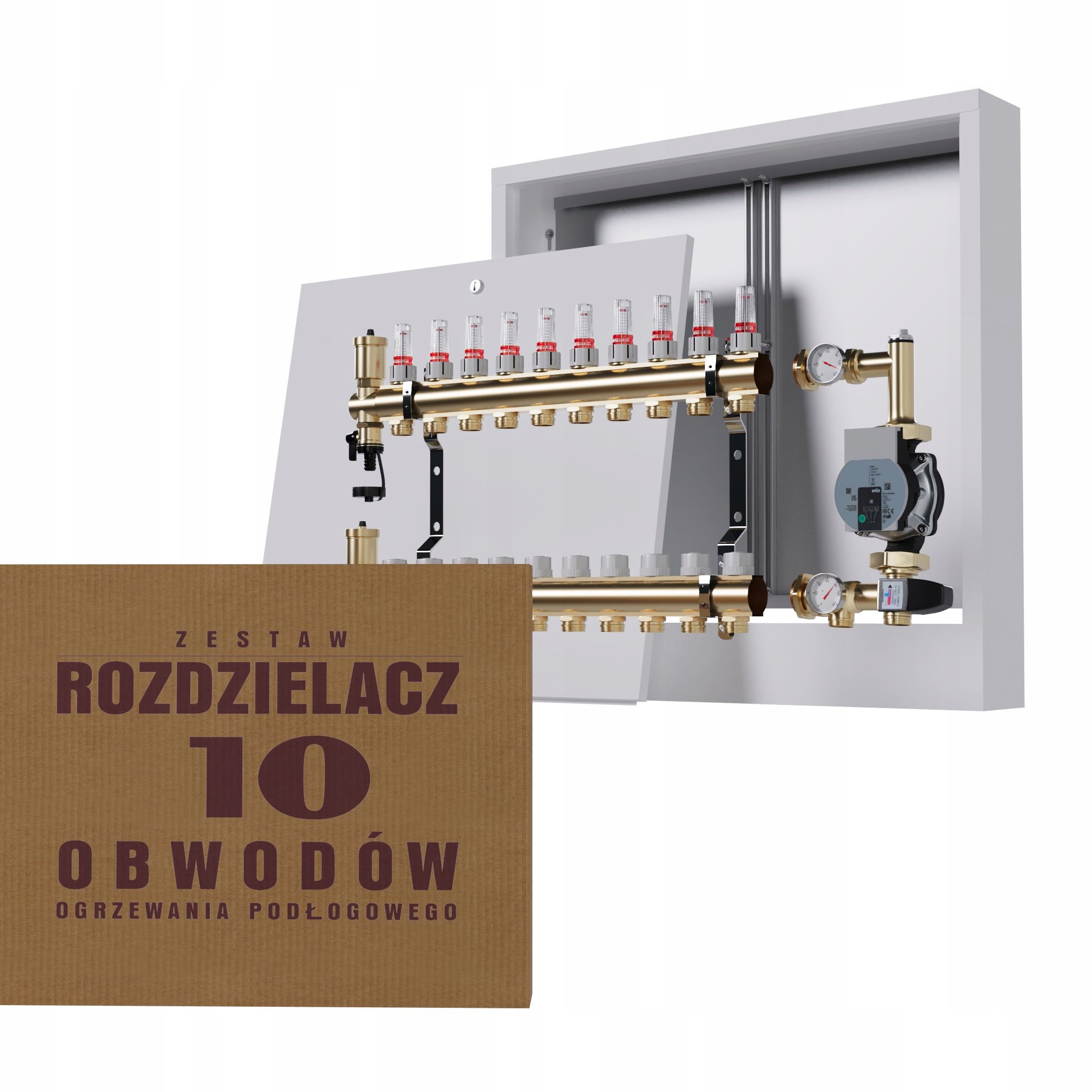 Rozdělovač pro podlahovku 10 okruhů s čerpací skupinou Wilo nástěnná skříňka