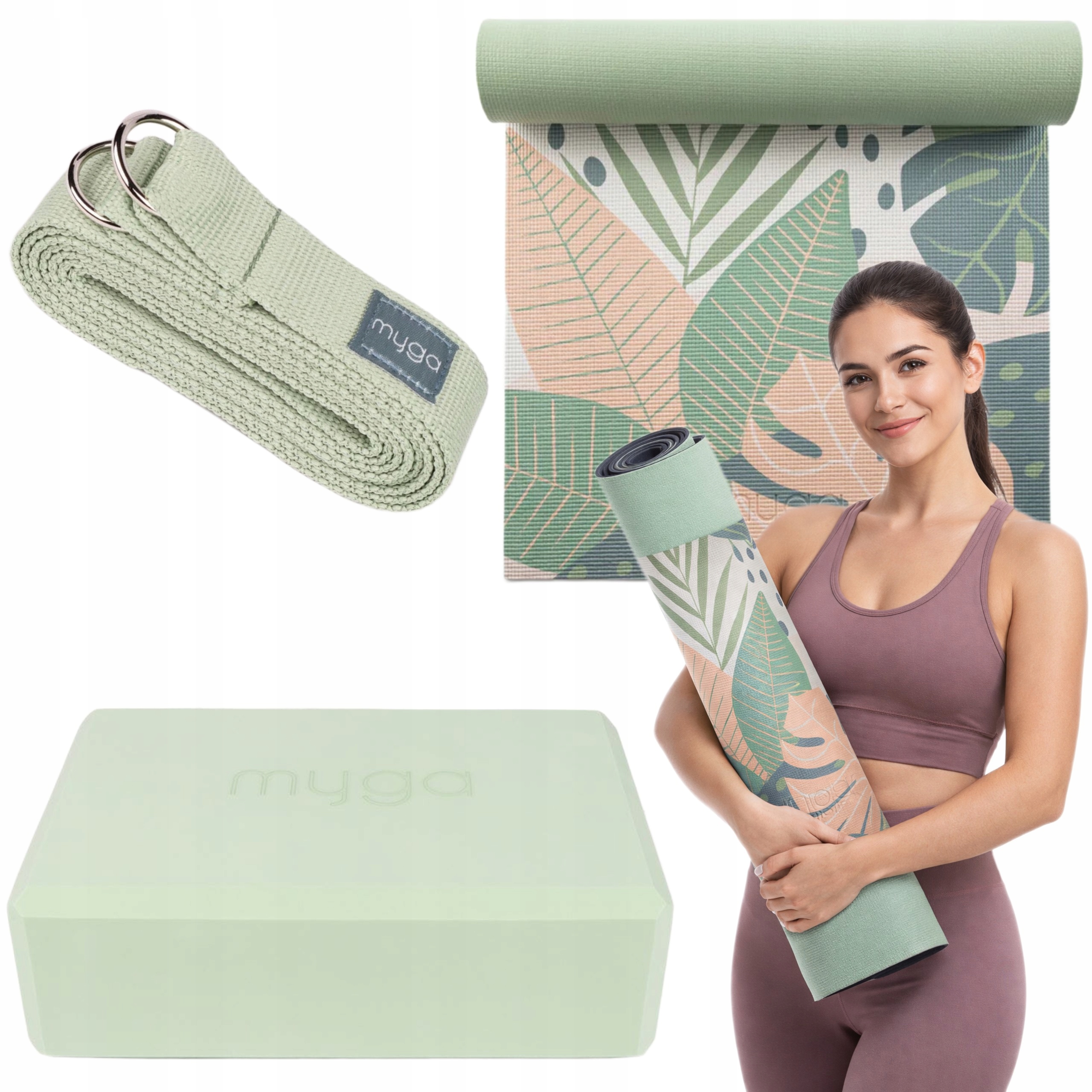 Zestaw do jogi myga Palm Yoga Set: mata, klocek, pasek