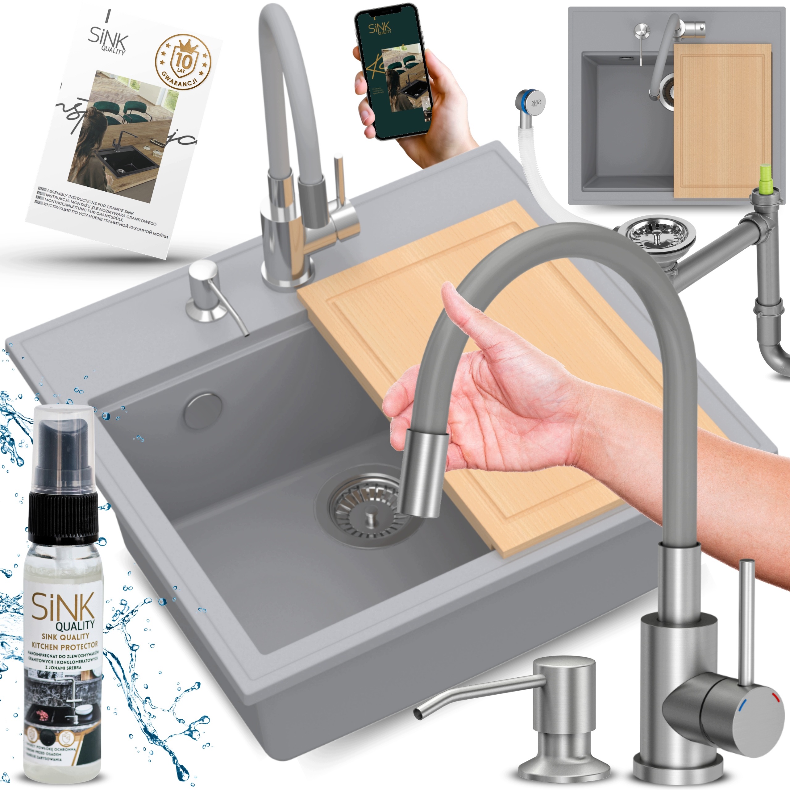 Granitový Dřez Šedý S Flexibilní Deskou A Kuchyňskou Baterií
