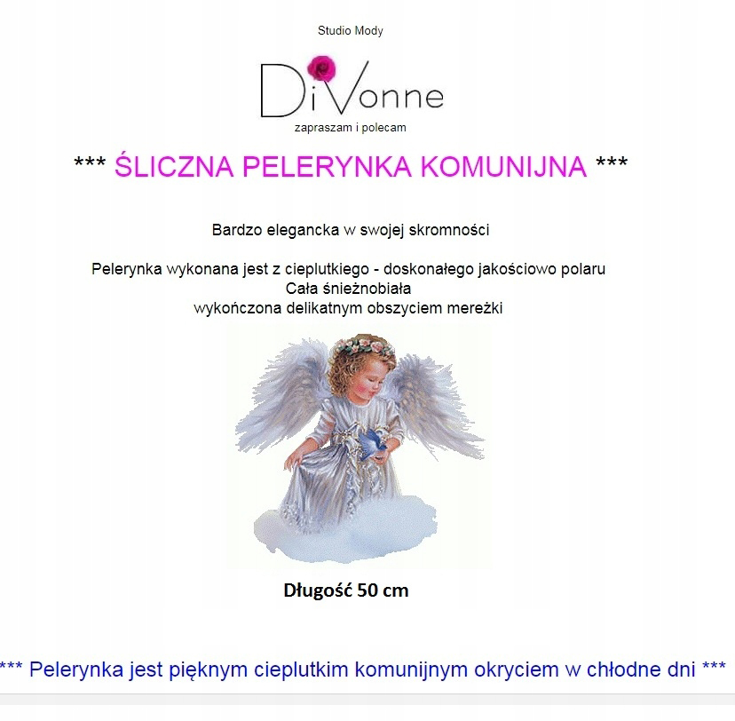 Śliczna PELERYNKA komunijna peleryny narzutka DiVo Rodzaj pelerynka