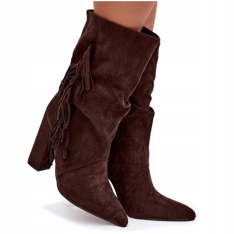 Dámské Kotníkové Boty Eko Semišové Podpatek Sloupek Třásně Čokoládové Řasení 39