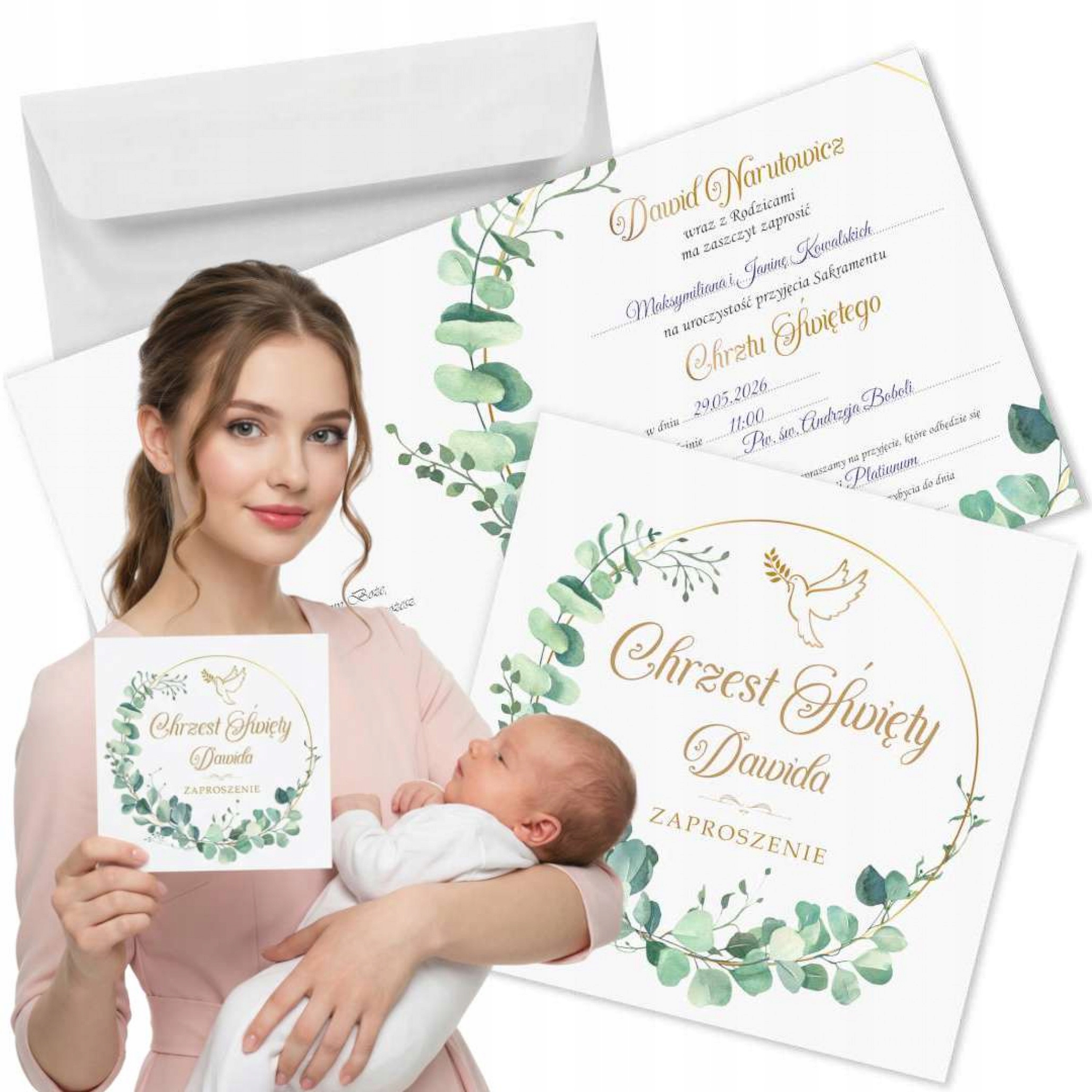 ZAPROSZENIE na CHRZEST chrzciny PERSONALIZOWANE + IMIĘ dziecka + KOPERTA x1