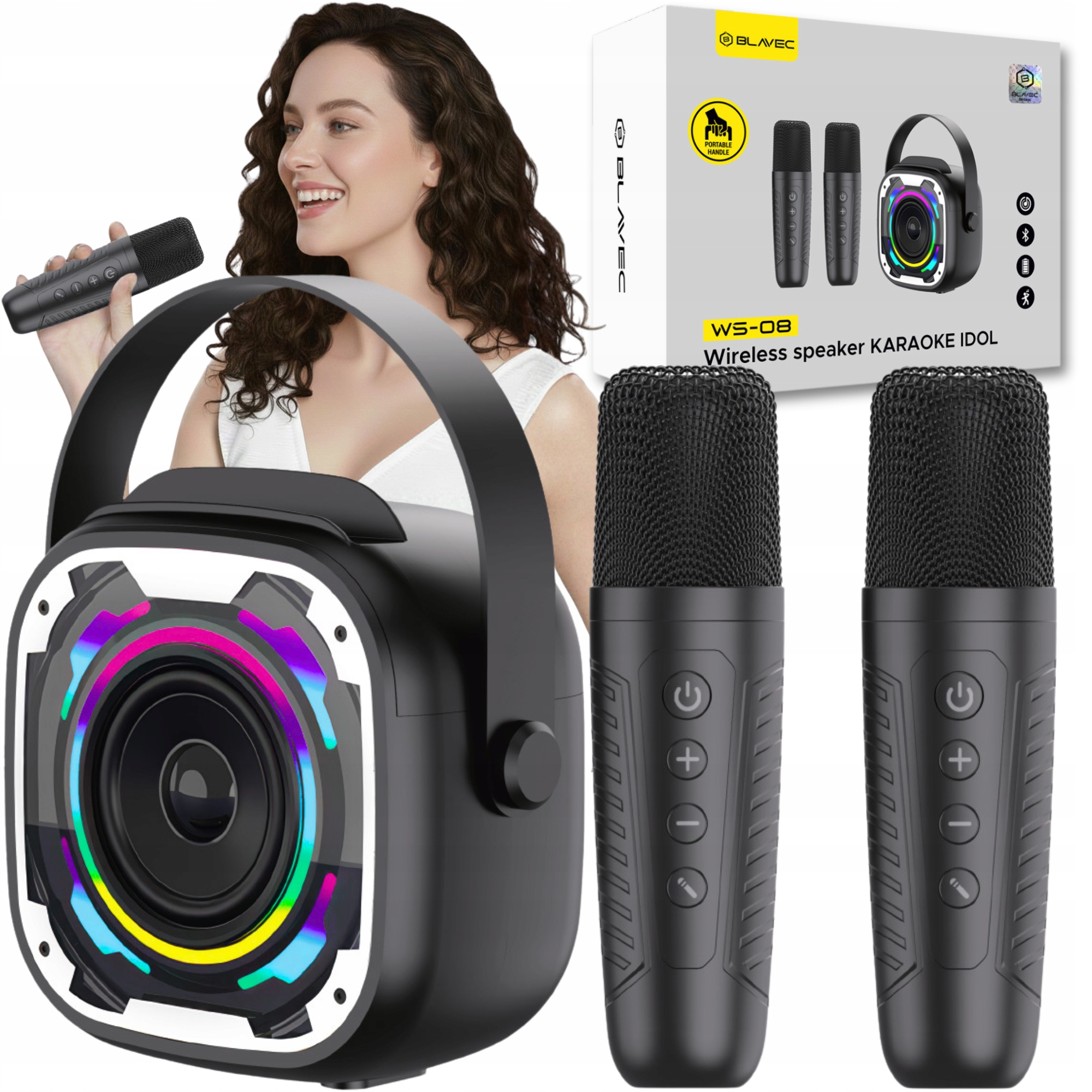 Głośnik Bluetooth Zestaw Karaoke 2 Mikrofony Przenośny Bezprzewodowy Rgb