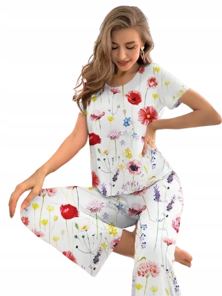 Bílé Pyžamo Maki Divoké Polní Květy Dlouhé Kalhoty Tričko XL