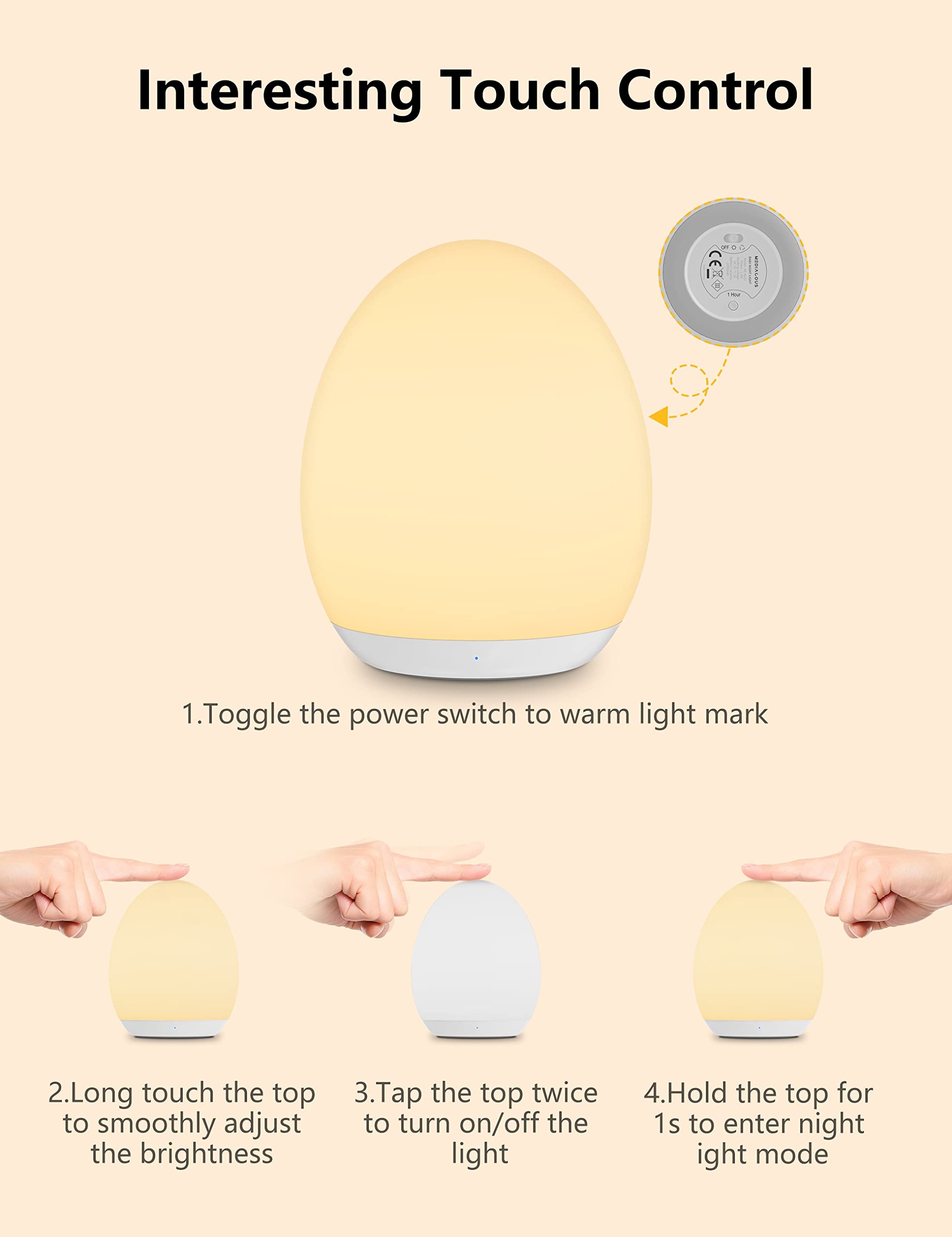 MEDIACOUS Lampka Nocna LED Dla Dzieci 8 Kolorów USB Timer Dotykowa — miniatura 4