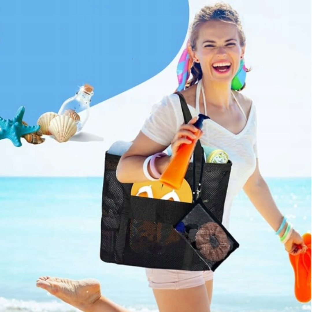 DUŻA TORBA XXL PLAŻOWA Z SIATKI - SKŁADANA - ODPORNA NA PIASEK - LEKKA Kolor czarny