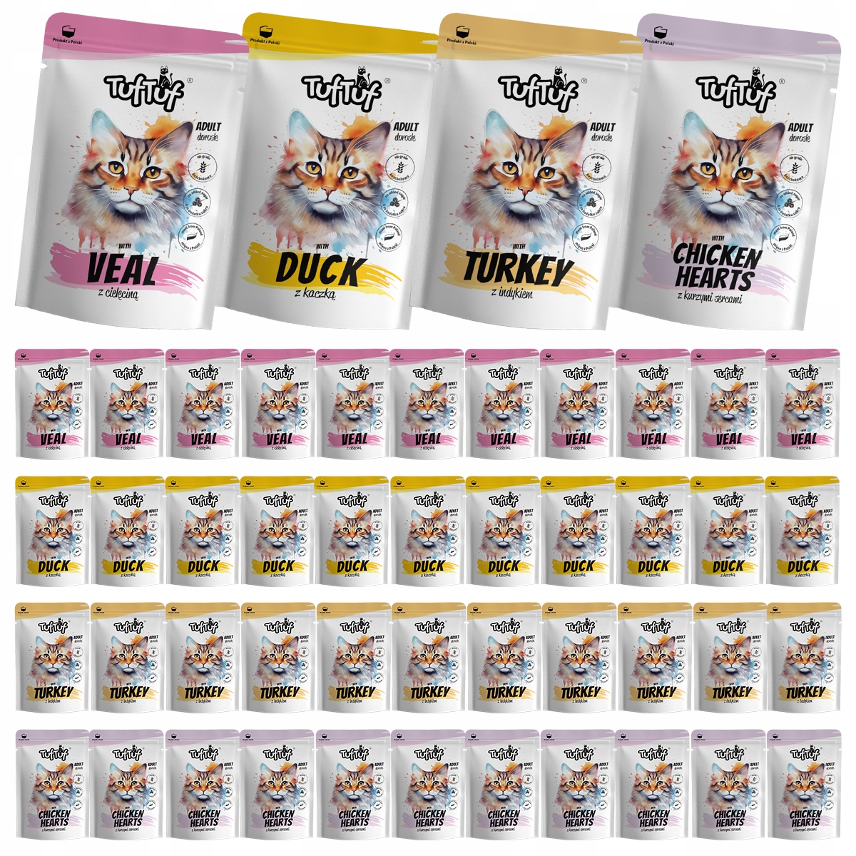 Levně Mokré Krmivo Pro Kočky TufTuf Kapsička mletý MIX Chutí Sada 48x100g