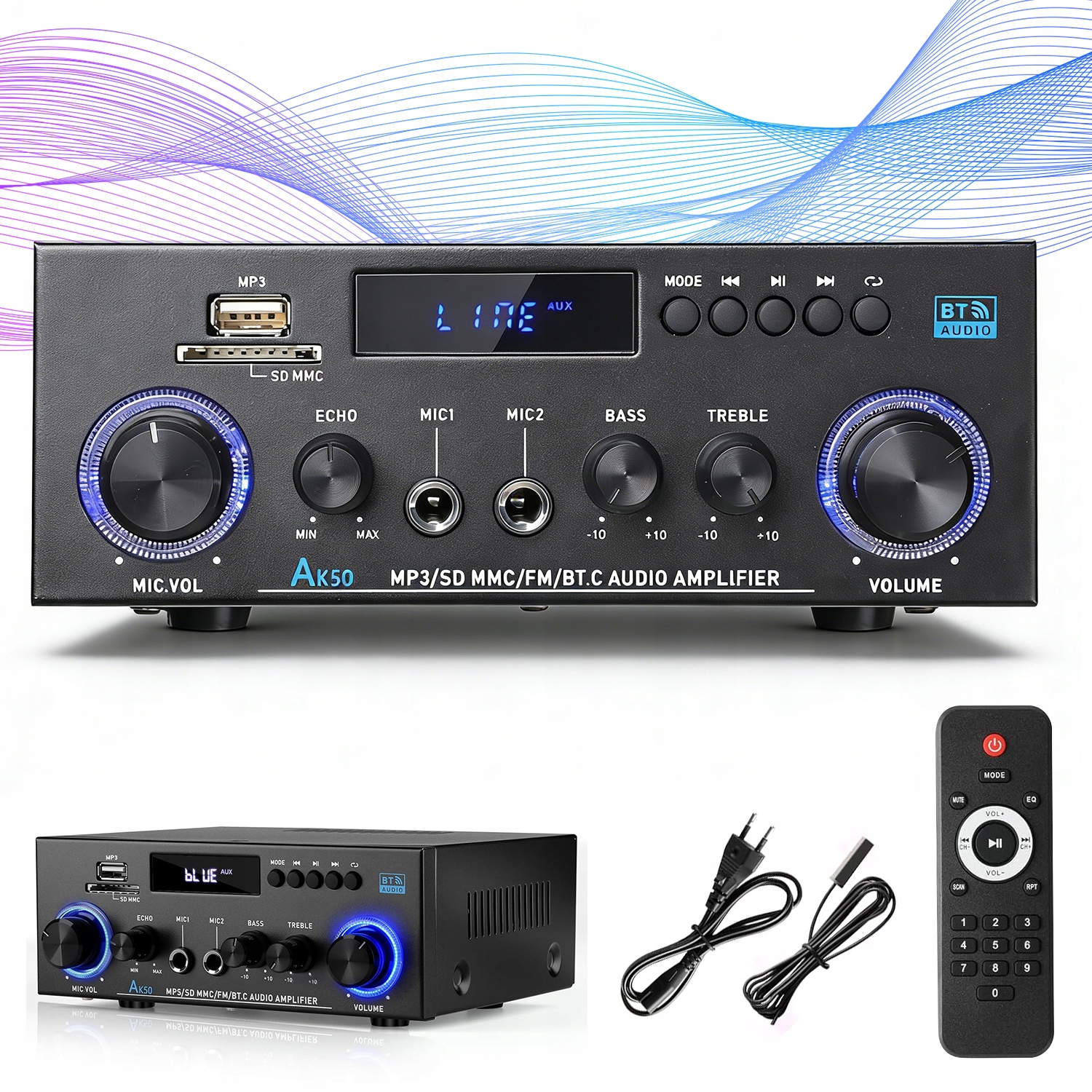 AMPLITUNER BLUETOOTH 800W Z PILOTEM BT-309A-A DO UŻYTKU DOMOWEGO I SAMOCHOD