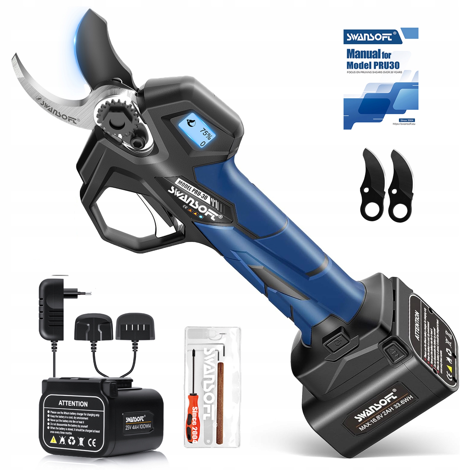 Elektrické záhradné nožnice PRU30 s progresívnym strihom, batériové záhradné nožnice