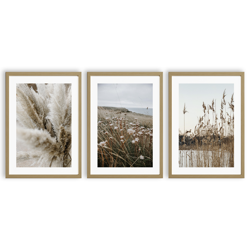 PLAKAT OBRAZ TRYPTYK BEŻ TRAWA A4 BOHO TRZCINA