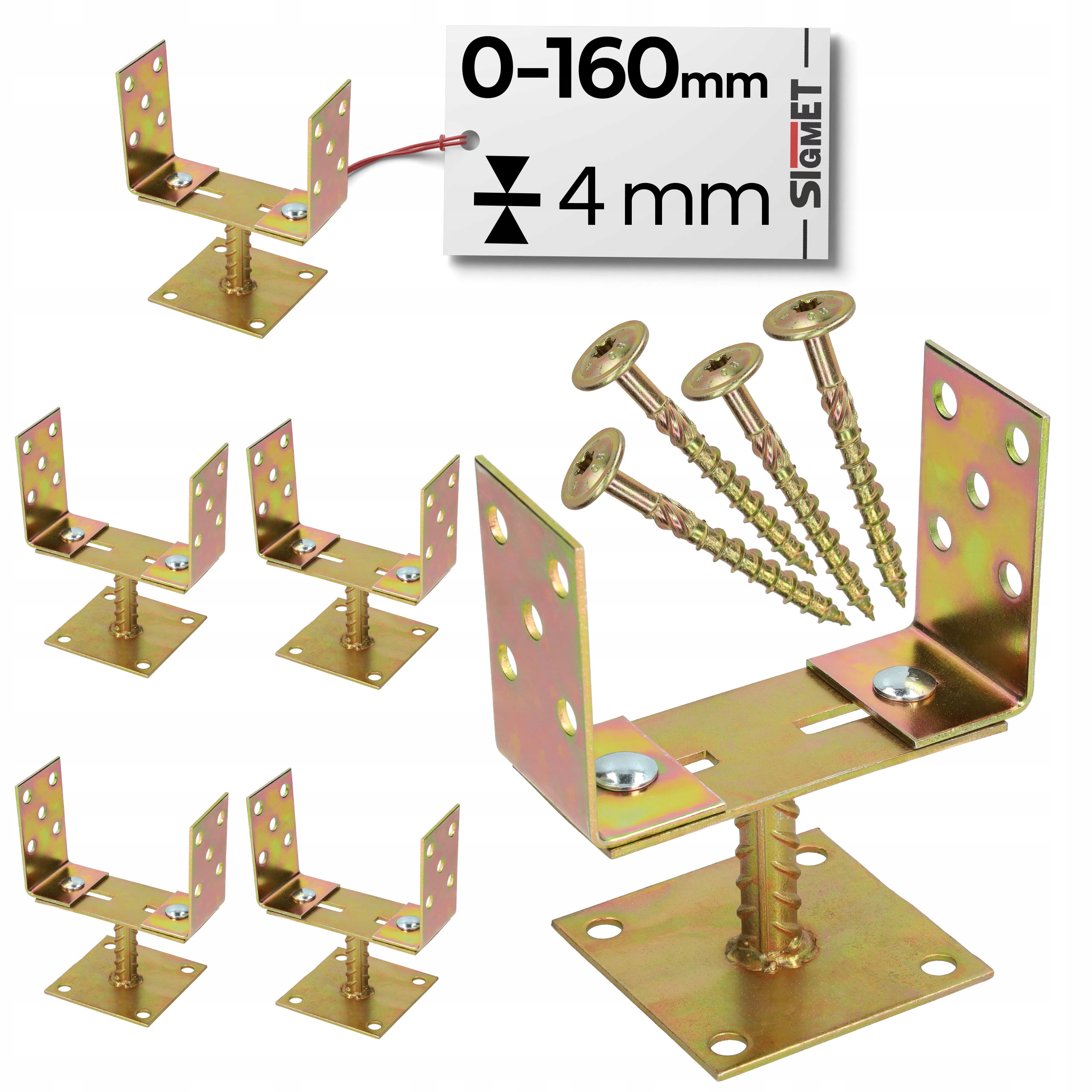 6 x Základna sloupku nastavitelná 0-160 mm pozink plech 4 šrouby pro montáž