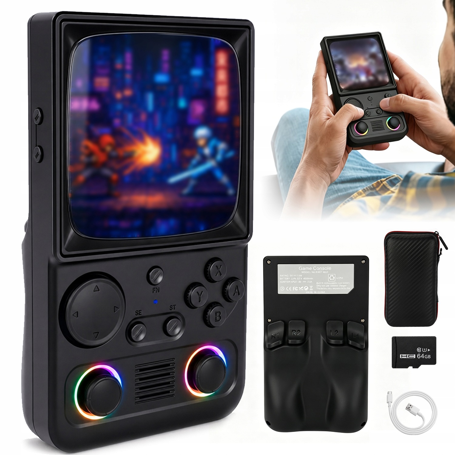 Konsola Przenośna Retro Do Gier 4 Cali Ips 64GB Czarna Rgb 4000MAH Zestaw