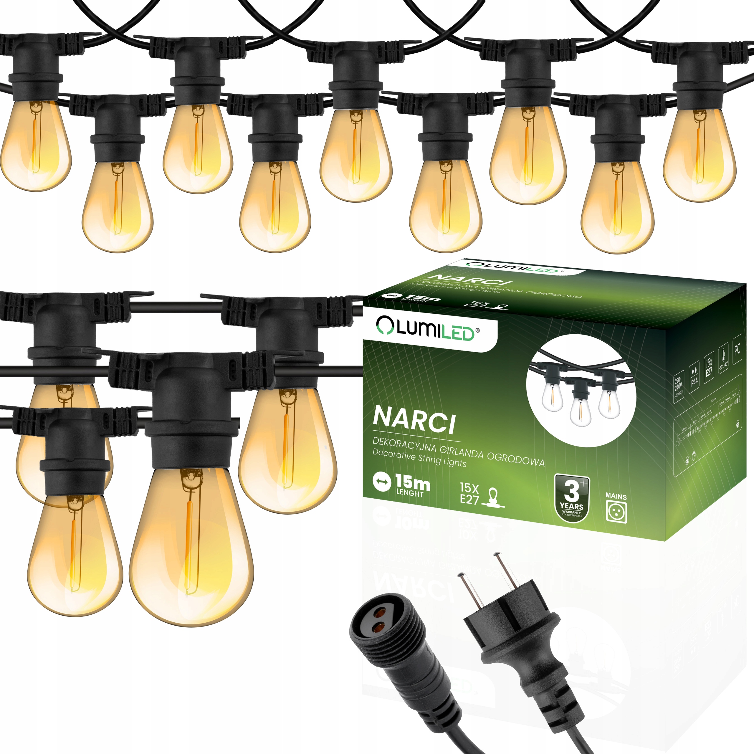 Zahradní girlanda Venkovní světelný řetěz Ozdobný 15x Led Žárovka 15 m