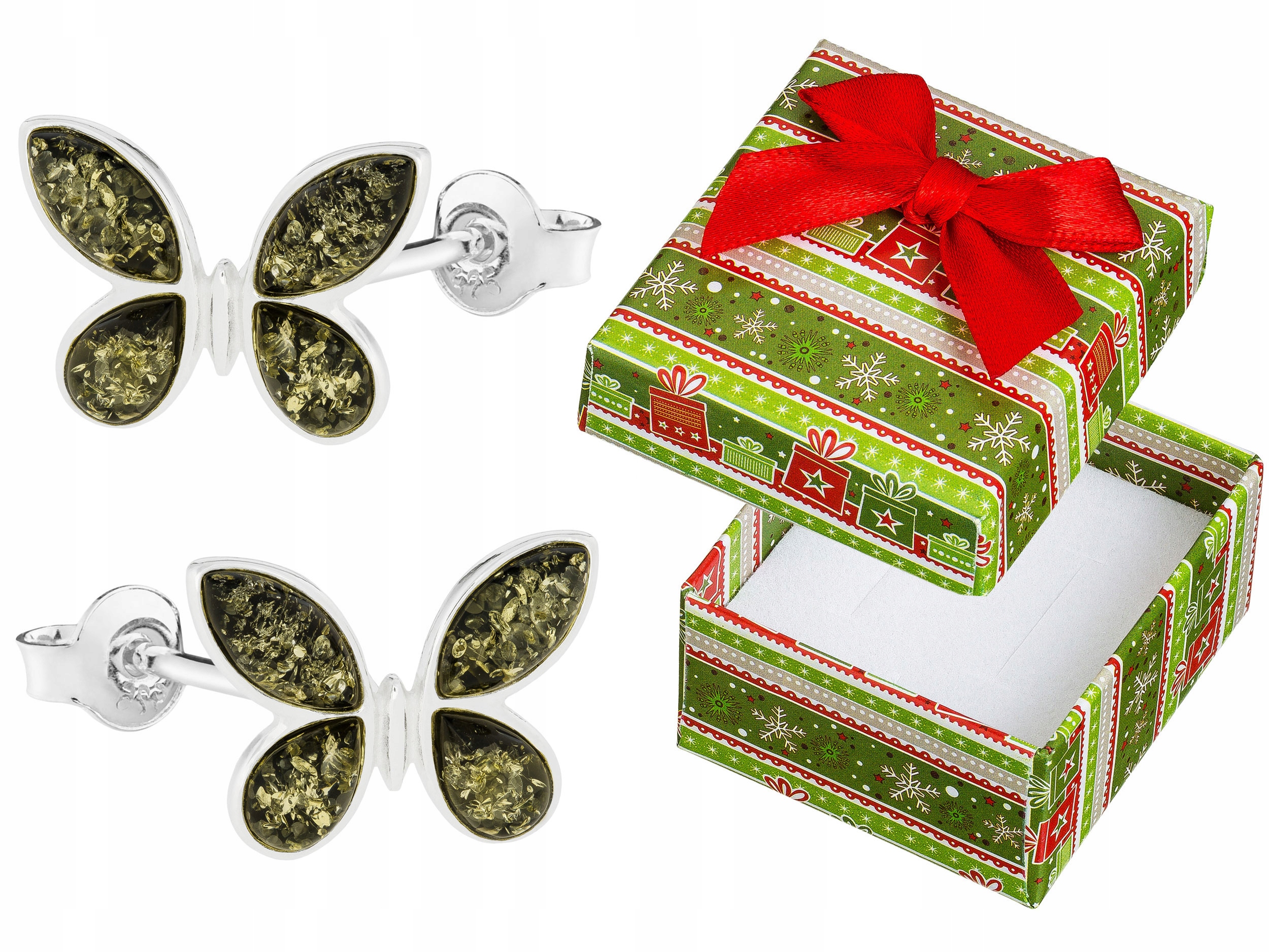 Stříbrné Náušnice Motýlci se zeleným jantarem Velké motýli Šroubky Stříbro