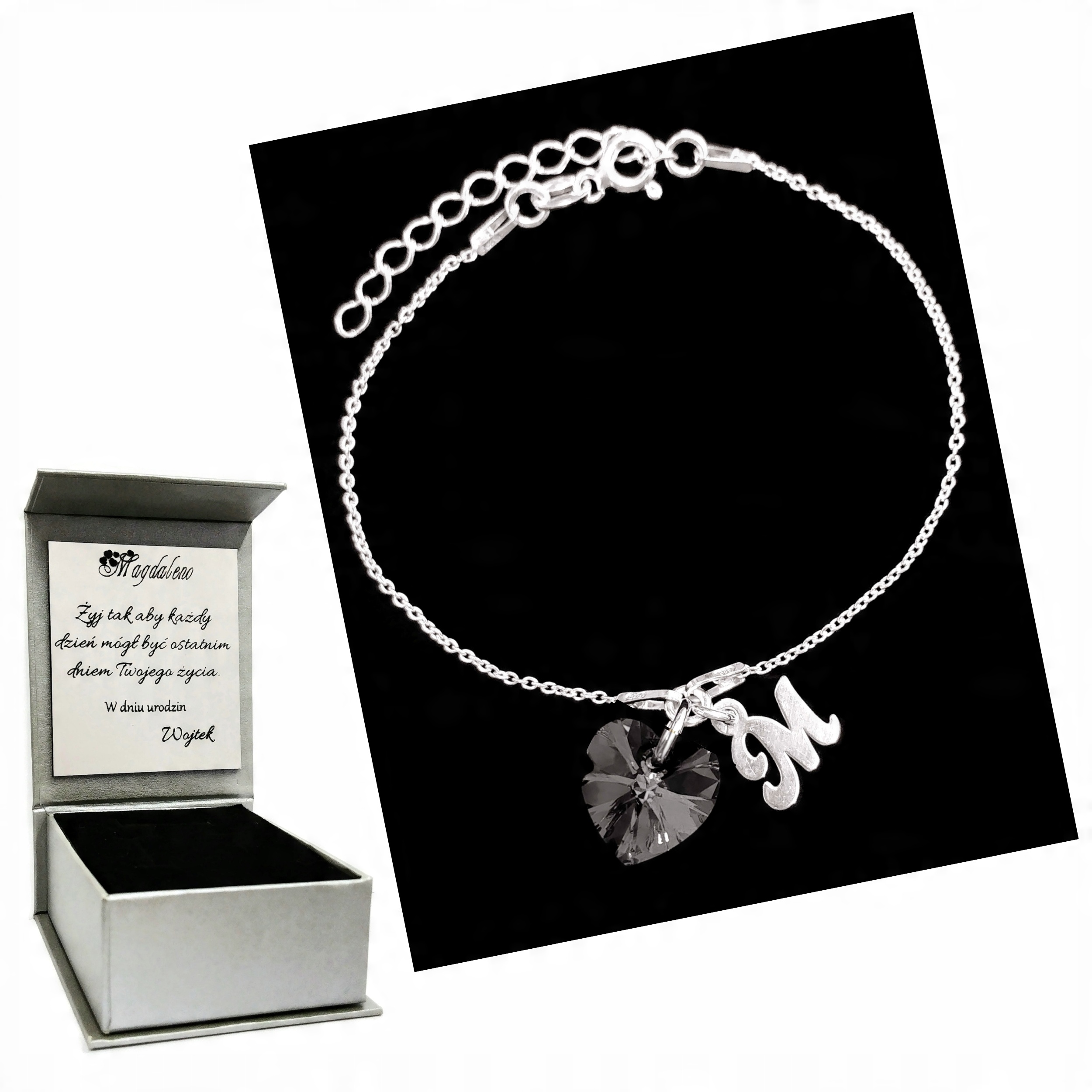 

Bransoletka Litera M Serce Swarovski Grawer 925