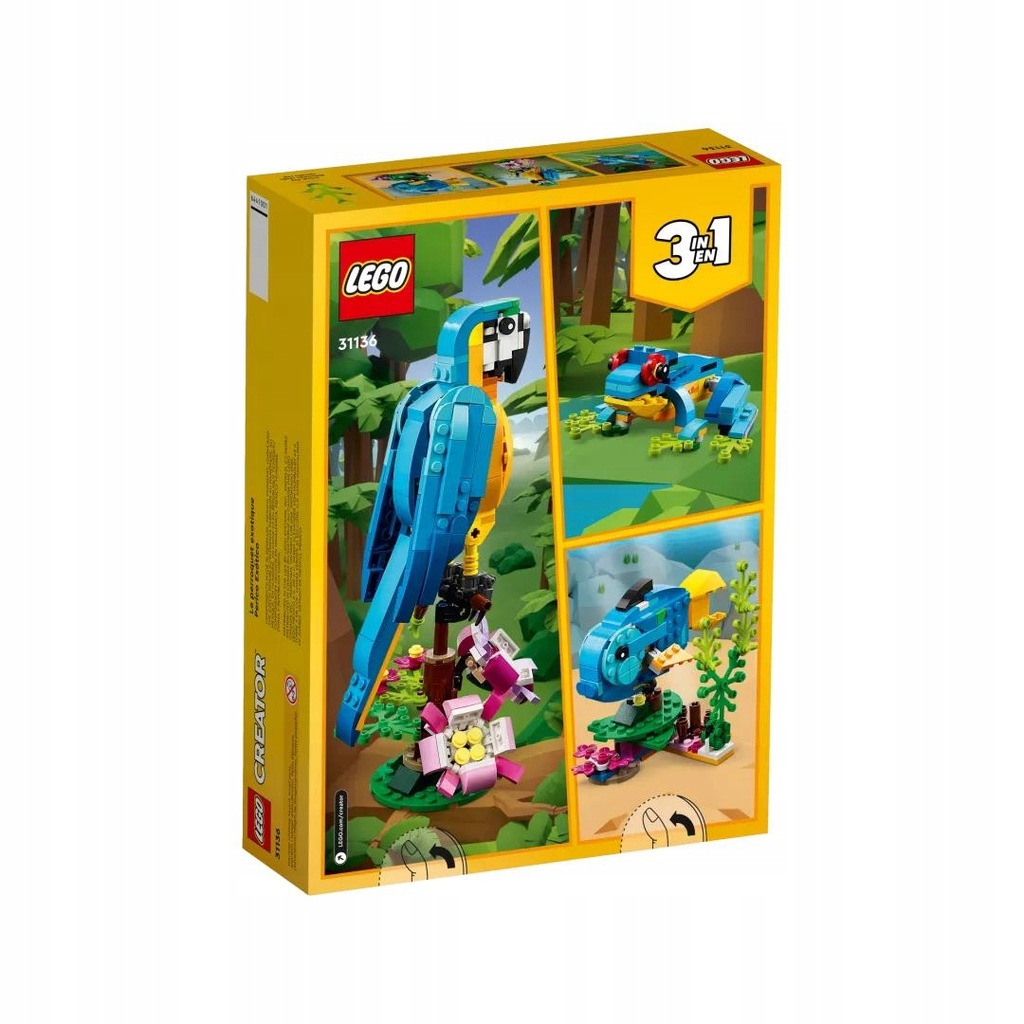 LEGO CREATOR 31136 ZESTAW KLOCKÓW 3W1 EGZOTYCZNA PAPUGA RYBA ŻABA PREZENT Liczba elementów 253 szt.