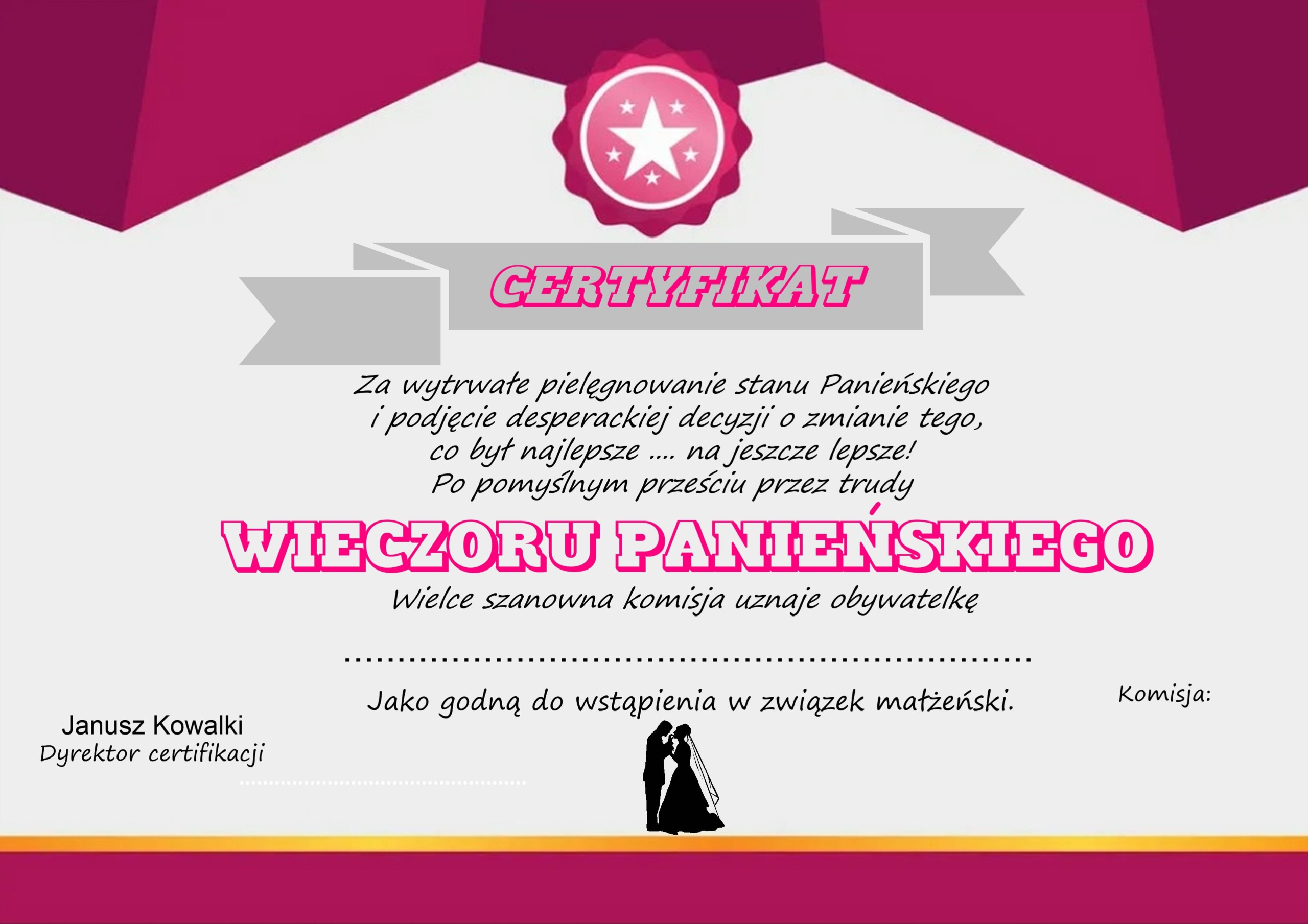 

Certyfikat dyplom na Wieczór Panieński prezent