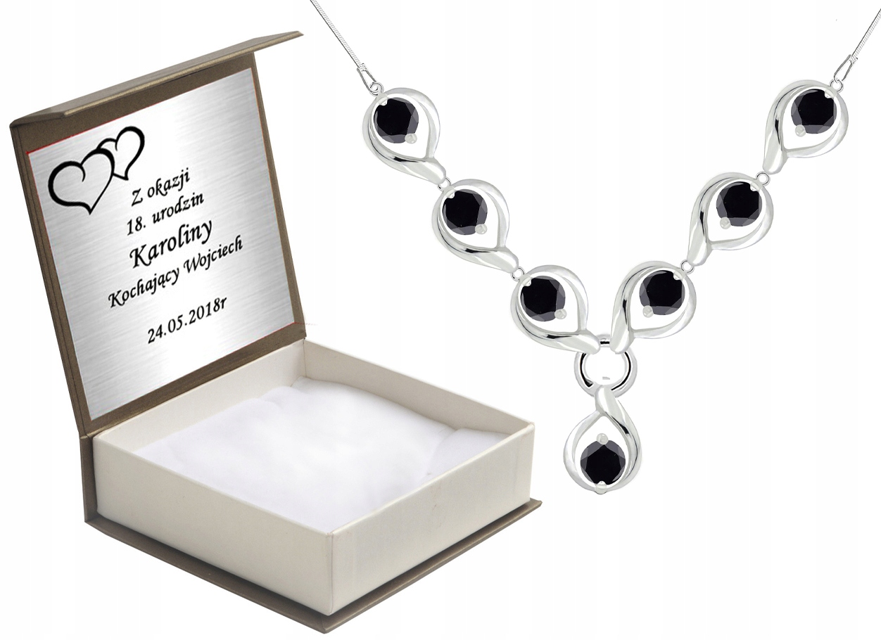 

Naszyjnik Srebrny Z Czarnymi Cyrkoniami + Grawer