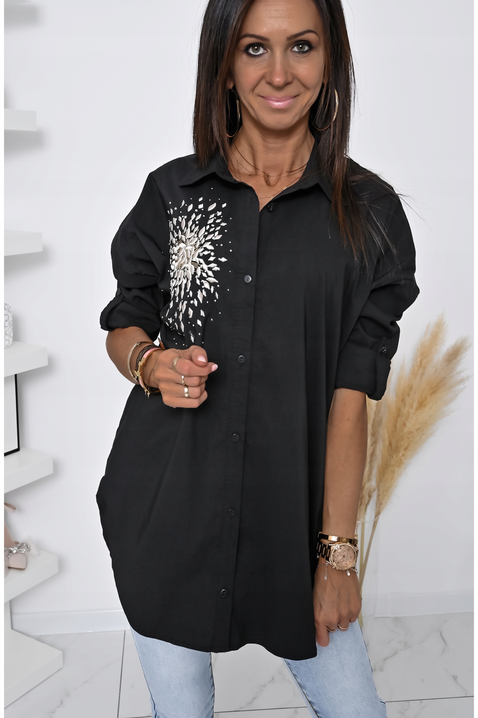 ŚLICZNIE ZDOBIONA KOSZULA OVERSIZE ELIT! WZ.2 S Dekolt kołnierzyk