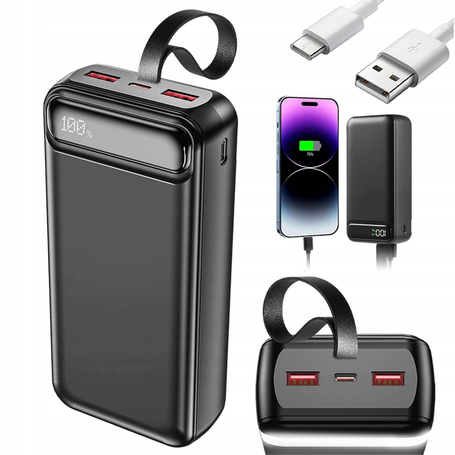 Přenosná Powerbanka Černá 50000MAH 2×USB-A Usb-c S Led Svítilnou