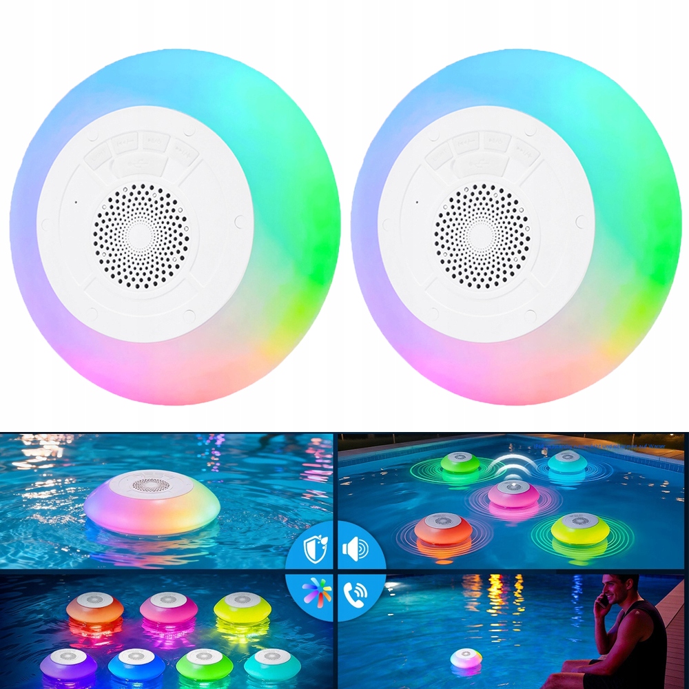 2x Bezdrátový Voděodolný Reproduktor Do Bazénu Bluetooth Led Rgb Plovoucí