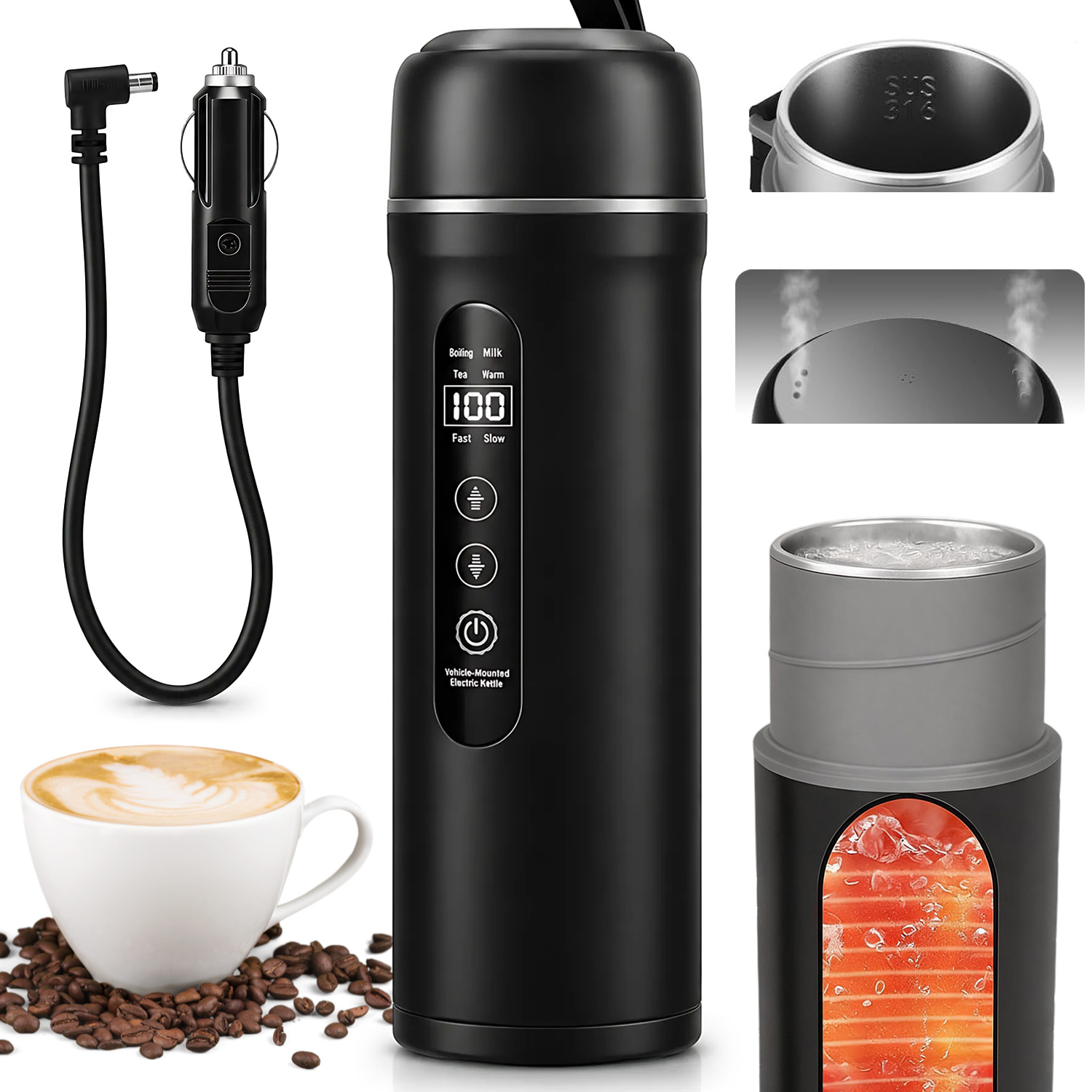 Elektrická Konvice Do Auta Na Kempování Z Nerezové Oceli 500 ML 12 V 24 V