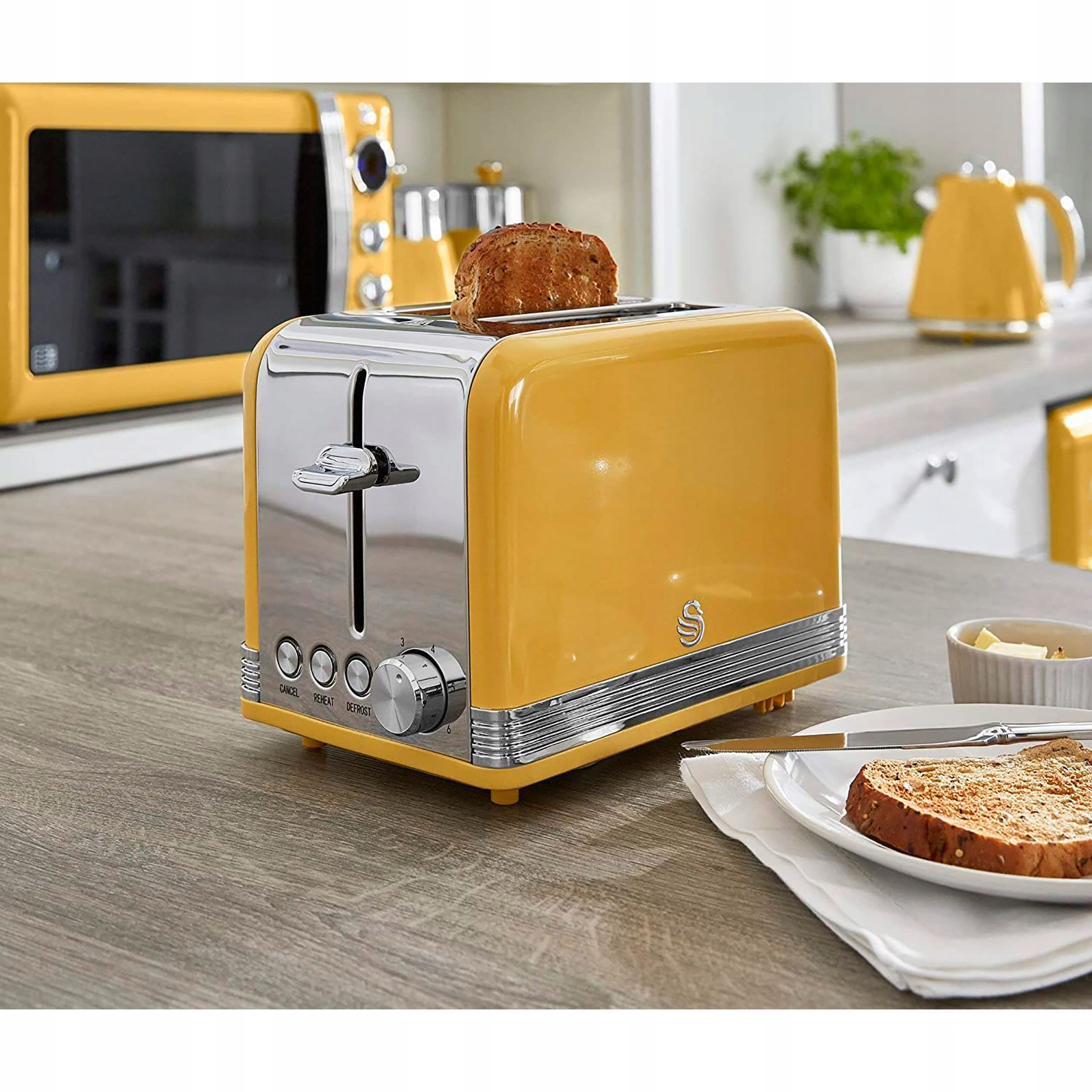 SWAN Retro Toster Vintage 2-Slotowy Żółty 815W Regulacja Stopnia Opiekania — miniatura 2