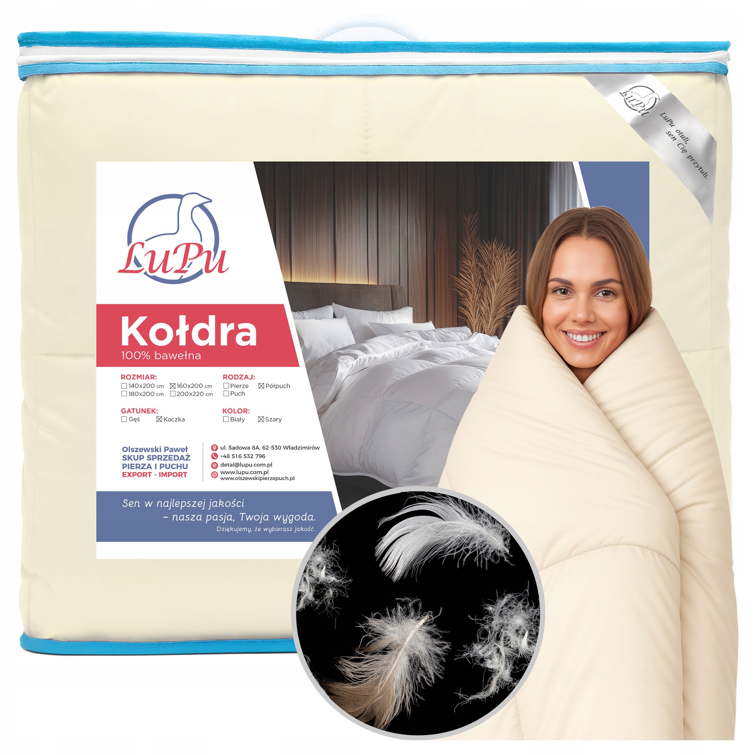 Péřová Přikrývka 160x200 celoroční antialergická Polopuch Kačí Ecru Lupu