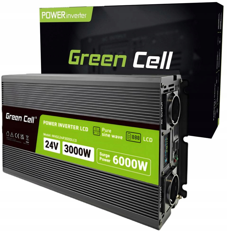 Green Cell Powerinverter LCD 24V 3000W/6000W Čistá Sinus 24V Karavan