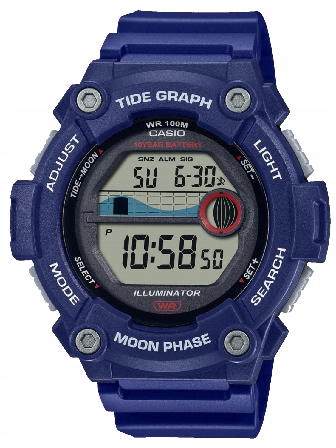 Tmavě modré hodinky na řemínku Casio WS-1300H Fáze měsíce Gravírování Bonus