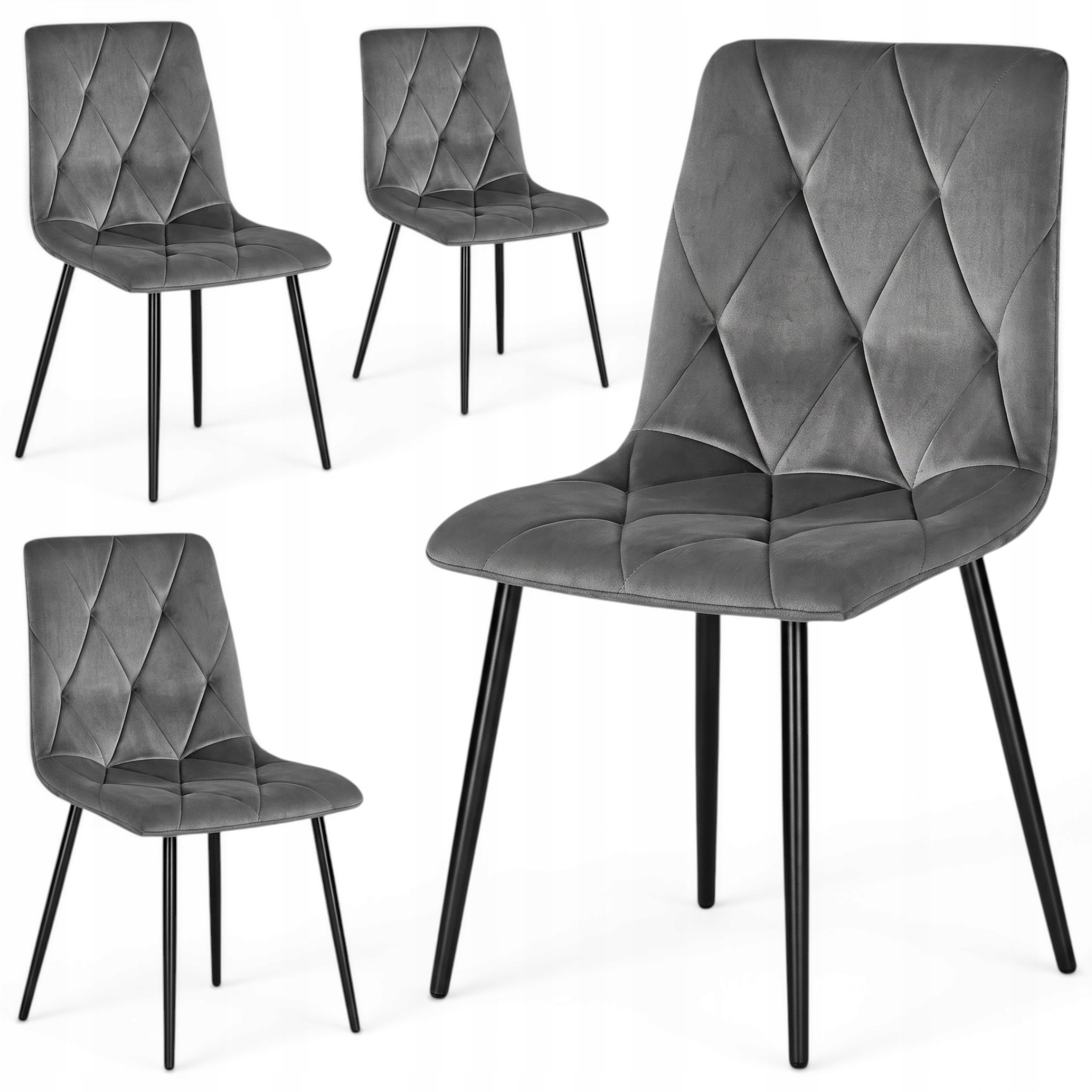 4 x Krzesło Tapicerowane Welurowe Szare Pikowane Salon Jadalnia Komplet