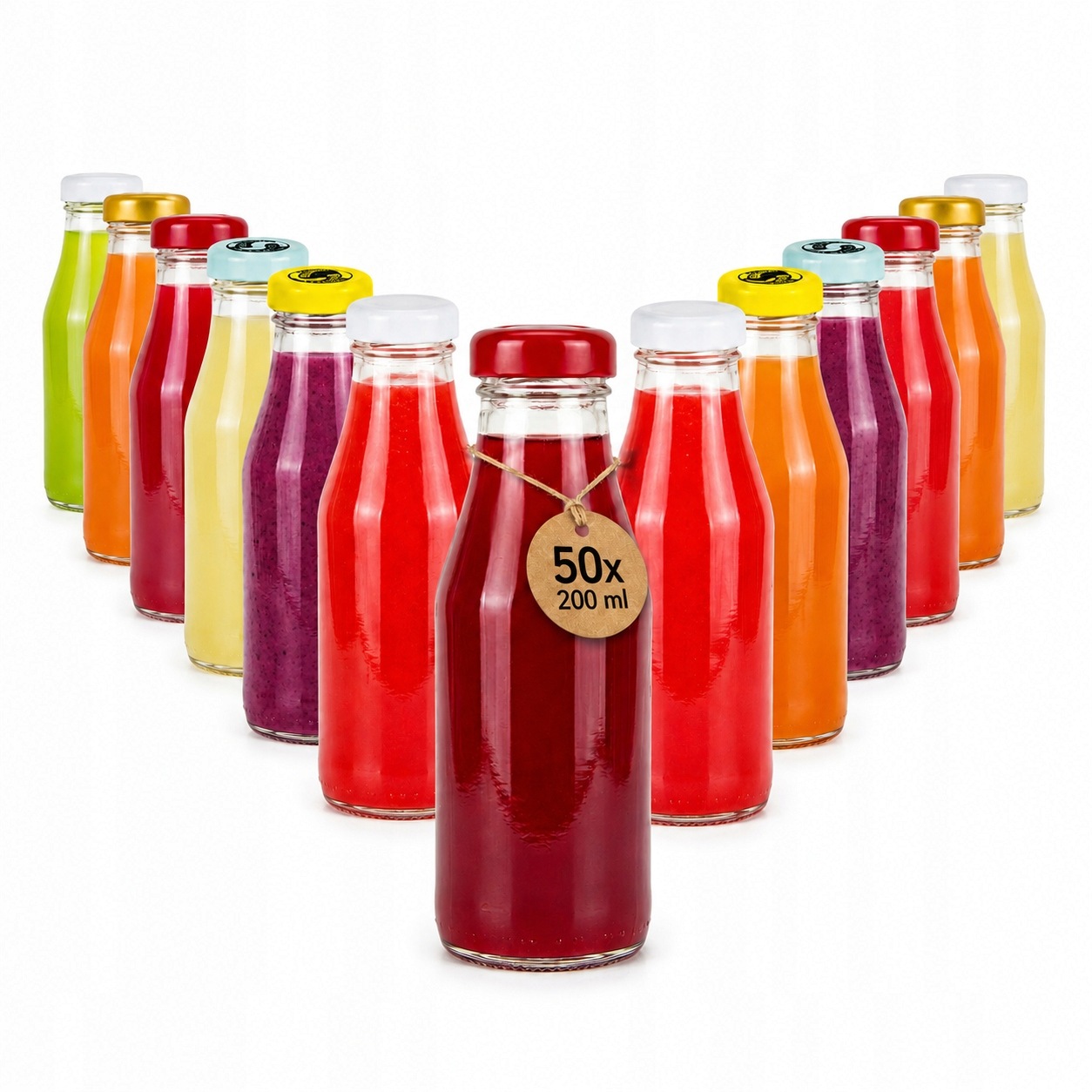 50x Lahve na džus Juice 200 ml Skleněné Lahve na med, džus, víčko fi33