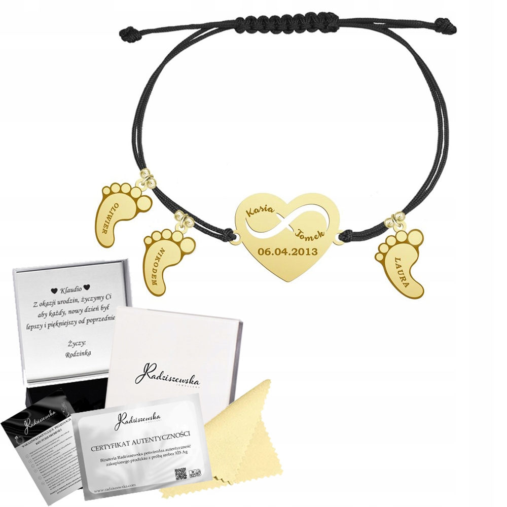 Pozlacený náramek Chodidla Srdce s gravírováním Dárek Svátek Matek Přání