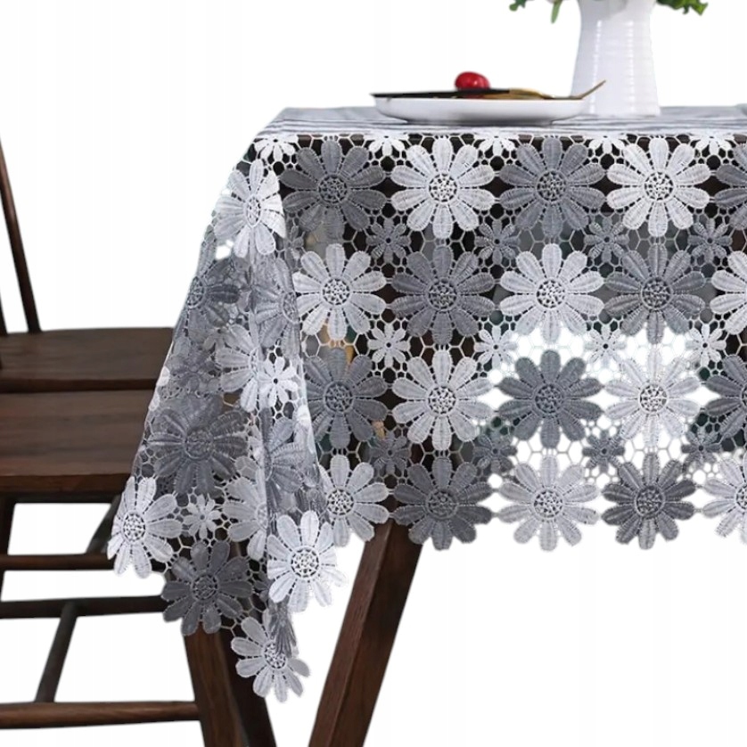 Biały Szary Obrus koronkowy na stół gipiurowy ażur 130x180 kwiaty