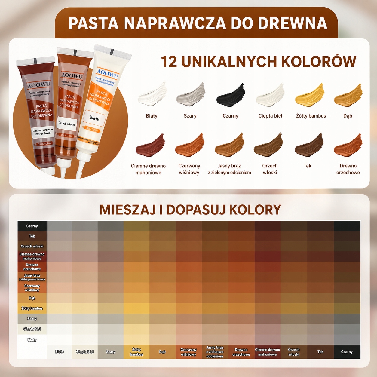 AOOWU medienos užpildo rinkinys, 12 spalvų – produkto nuotrauka 6