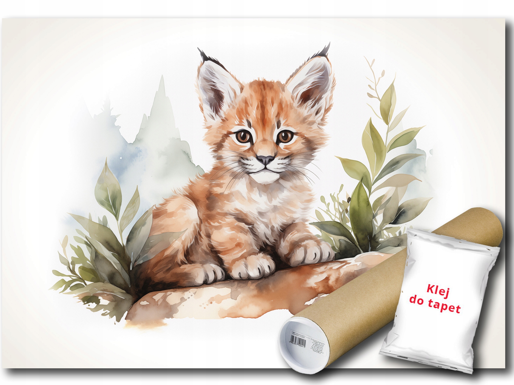 Vinylová Fototapeta Rys Kočka Zvířátko Fauna Les Rostlinky Akvarel 312x219