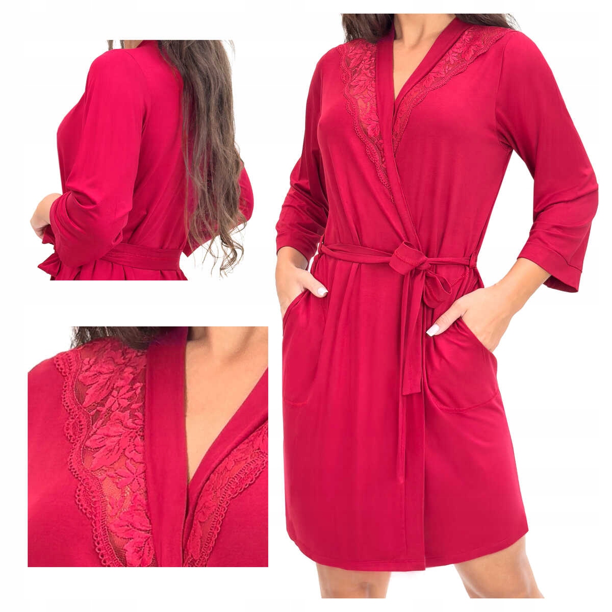 Donna Dámský župan z viskózy s krajkou vázaný Sonia bordový S