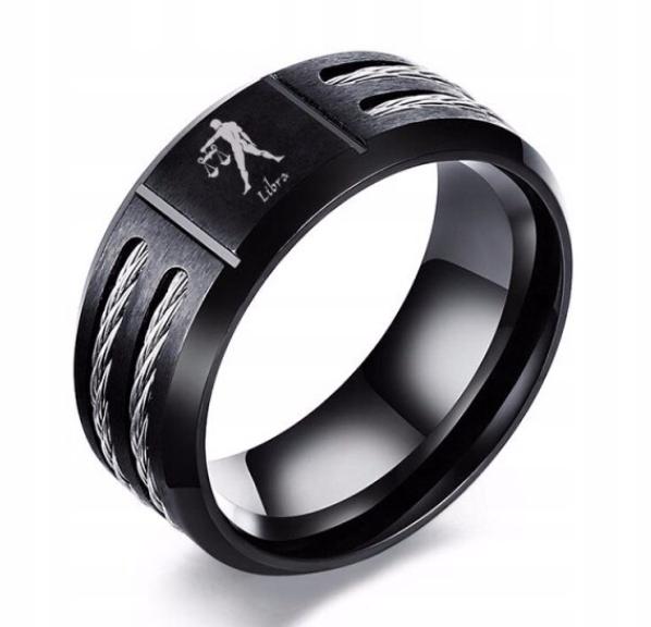 CZARNA OBRĄCZKA SYGNET PIERŚCIEŃ PIERŚCIONEK ZNAK ZODIAKU WAGA R22