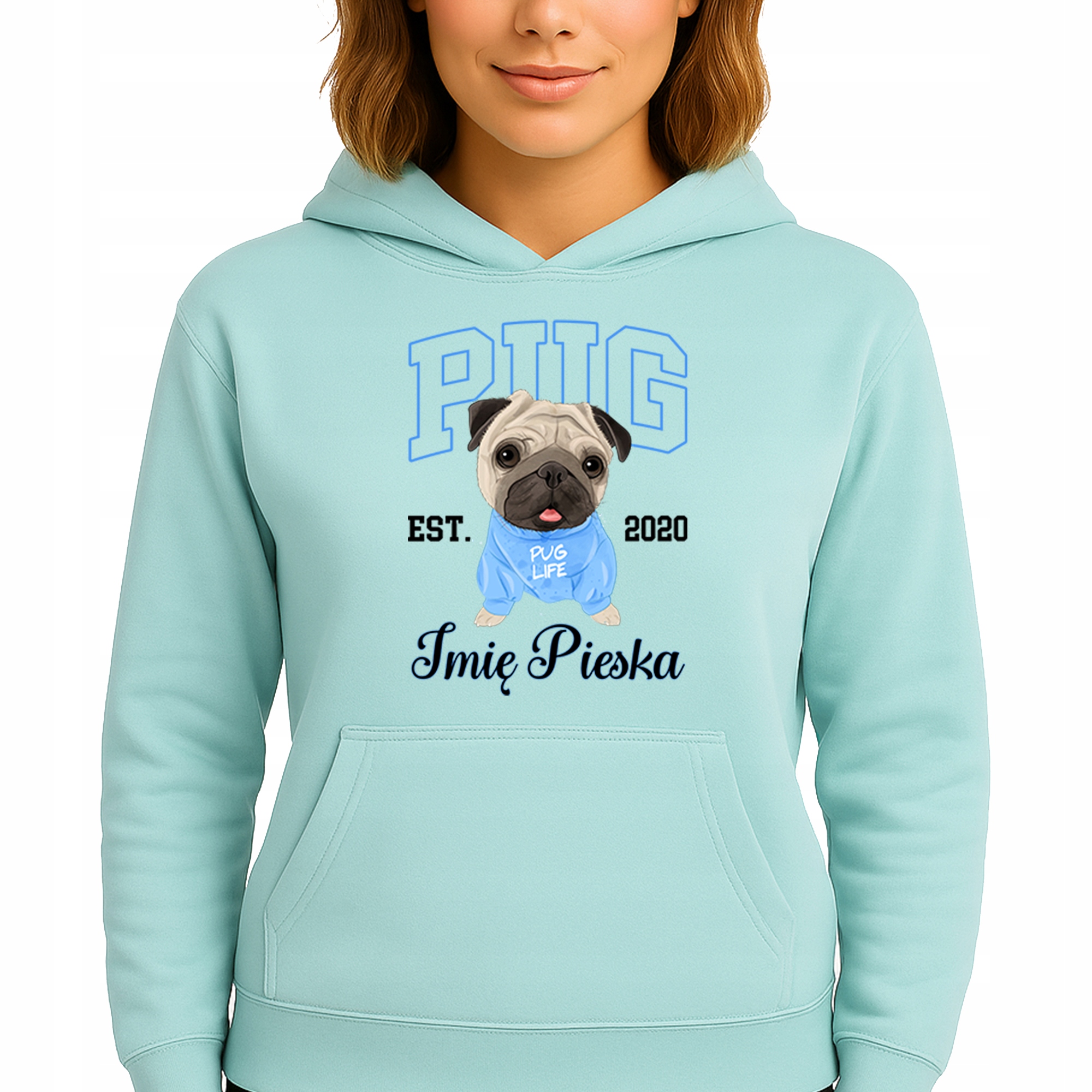 Mikina S Kapucí Mátová s kapucí Módní Pug Jméno pejska M