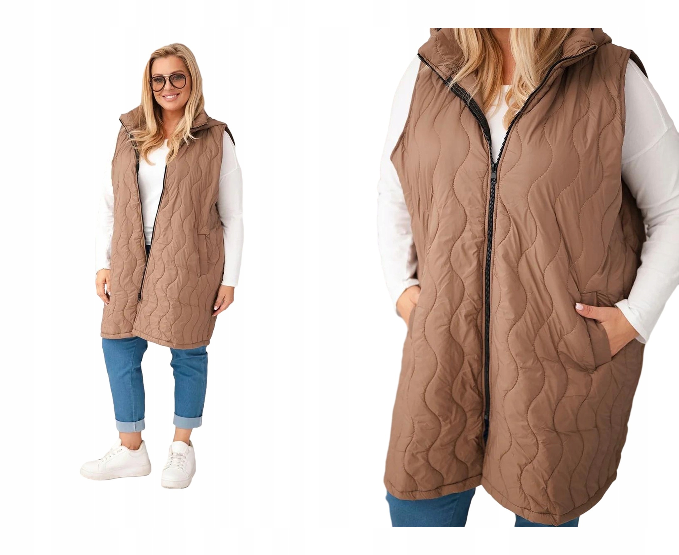 Dámská prošívaná vesta Camel Plus Size s kapucí