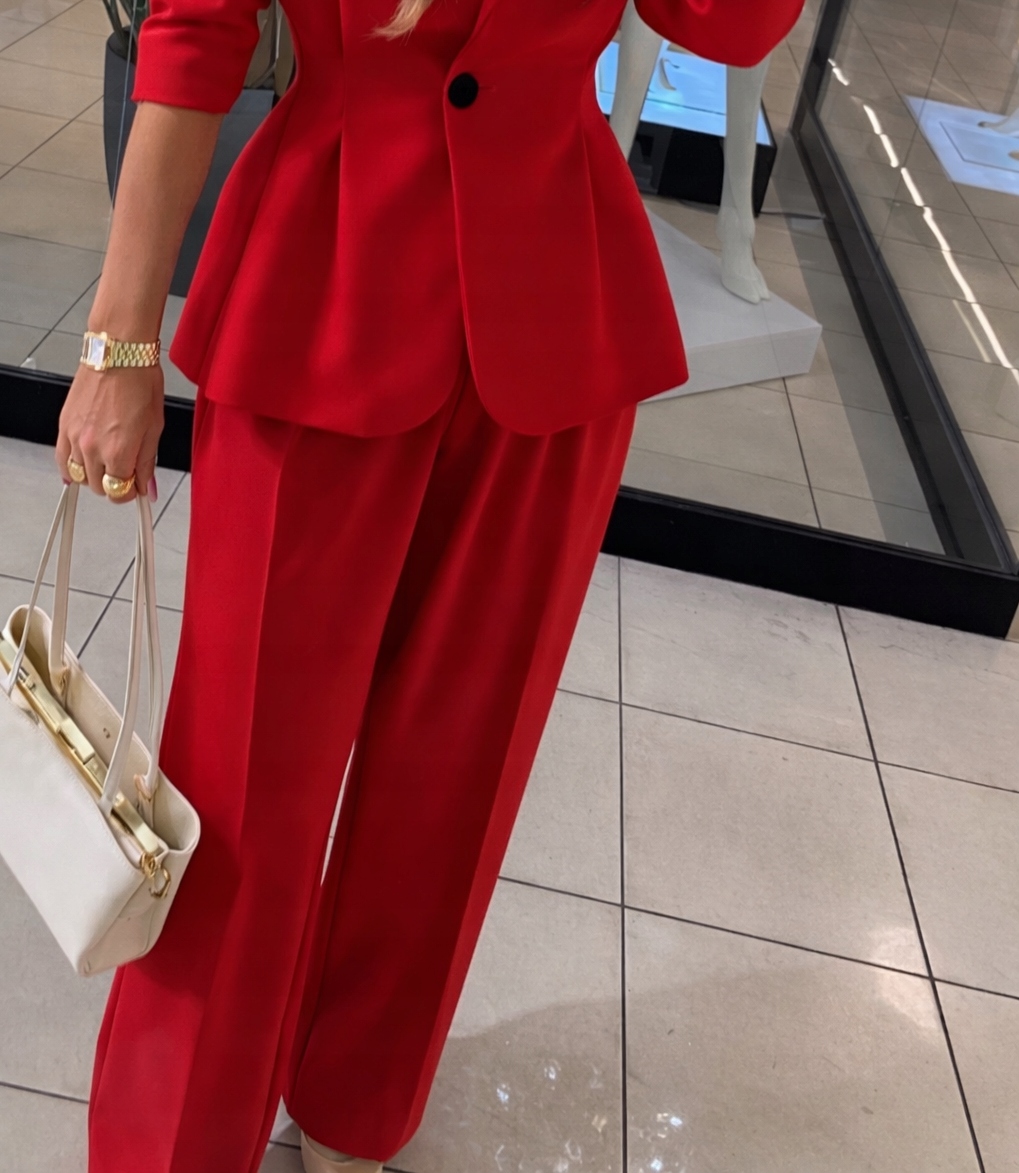 Elegantní dámské kalhoty Emo Miriam Červené široké nohavice s vysokým pasem