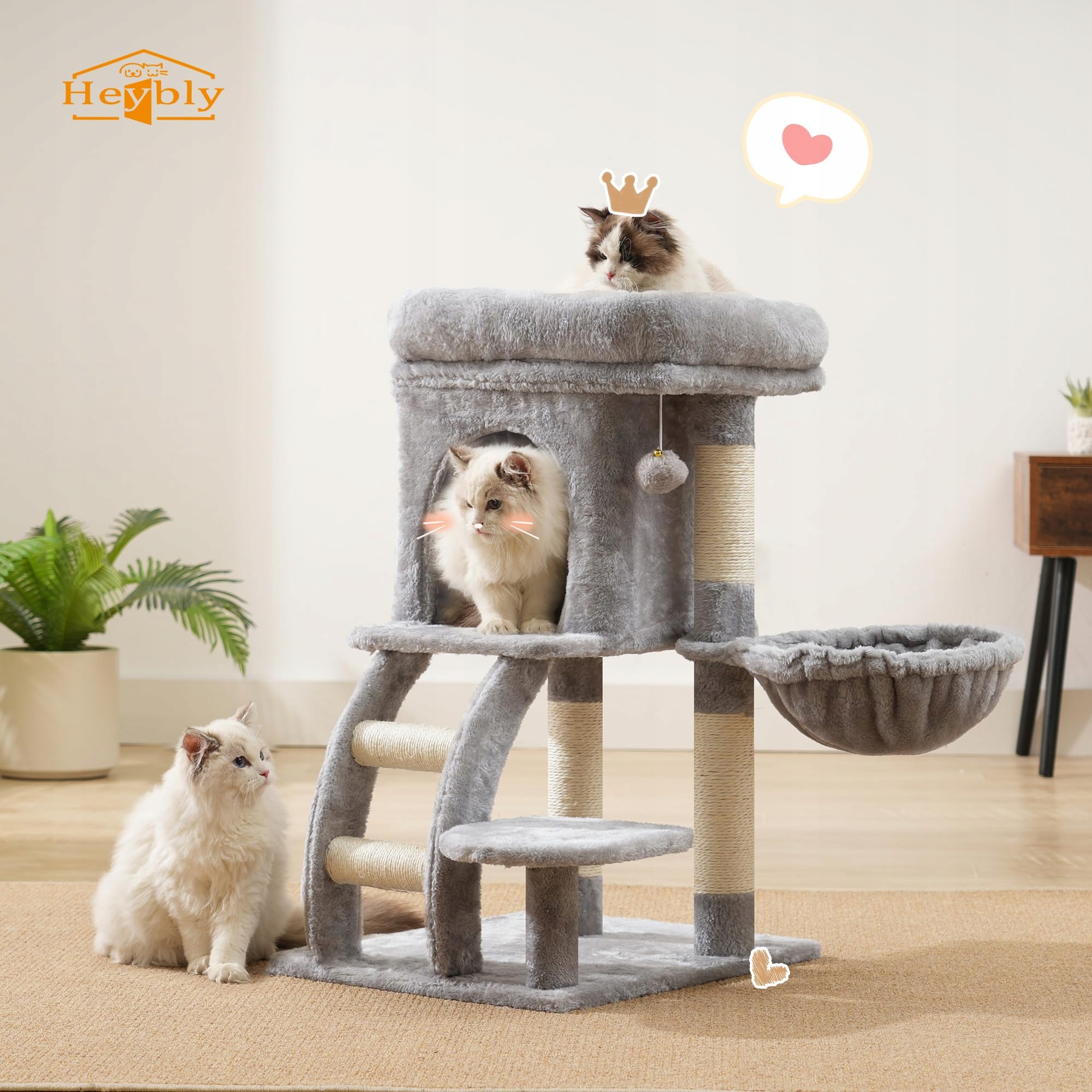 HEYBLY Drapak Dla Kota 75cm Z Platformą Jaskinią Hamakiem Drabinką Szary — miniatura 5