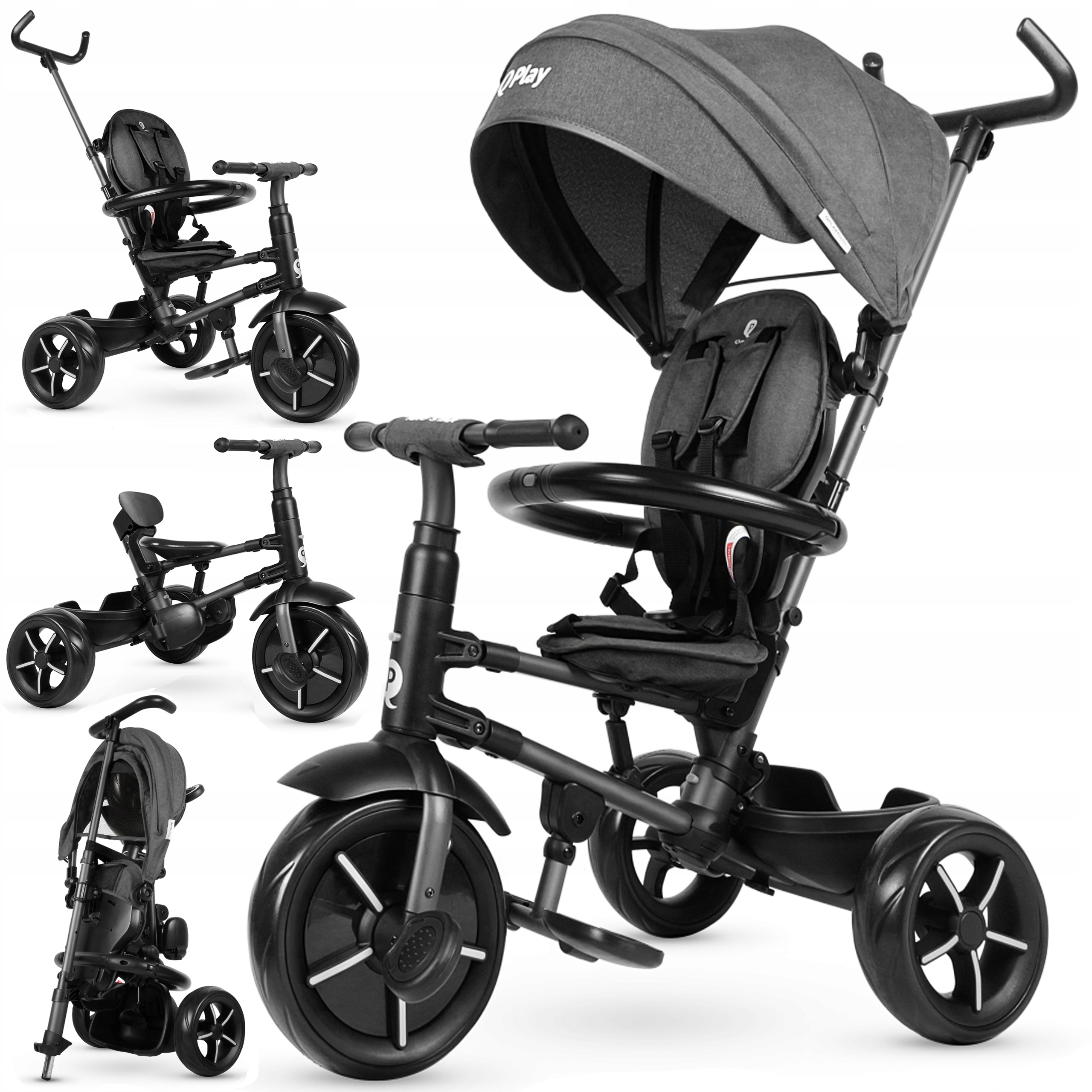 Nowoczesny Rowerek Trójkołowy Jeździk Pchacz 4w1 Składany Hamulec Koszyk