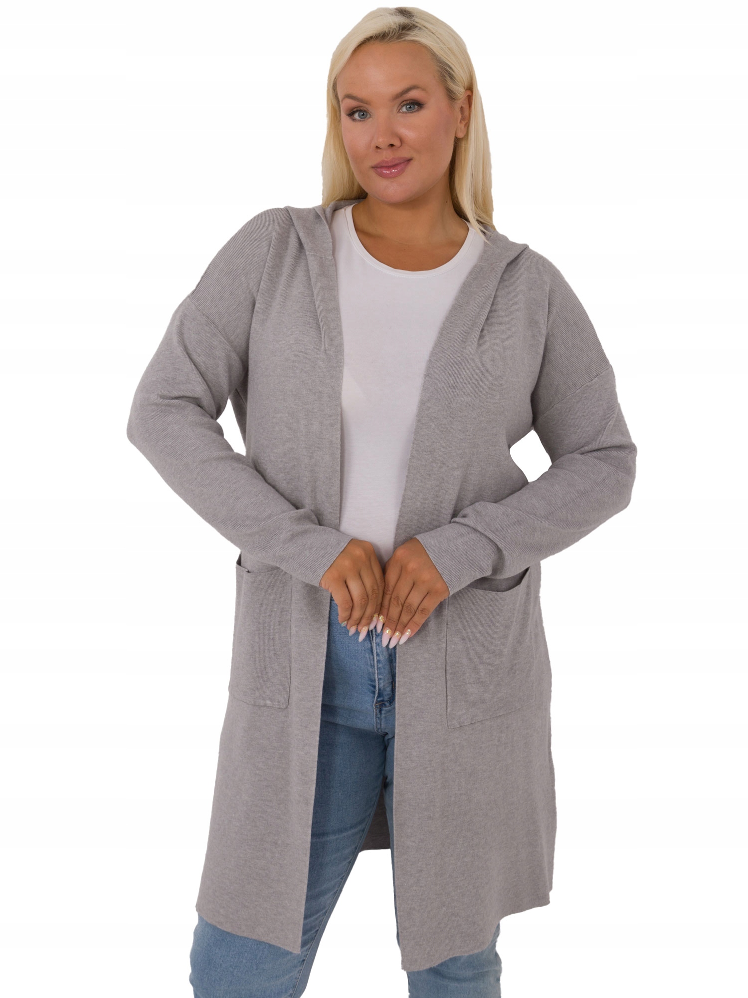 Kardigan damski sweter narzutka Plus Size z kapturem