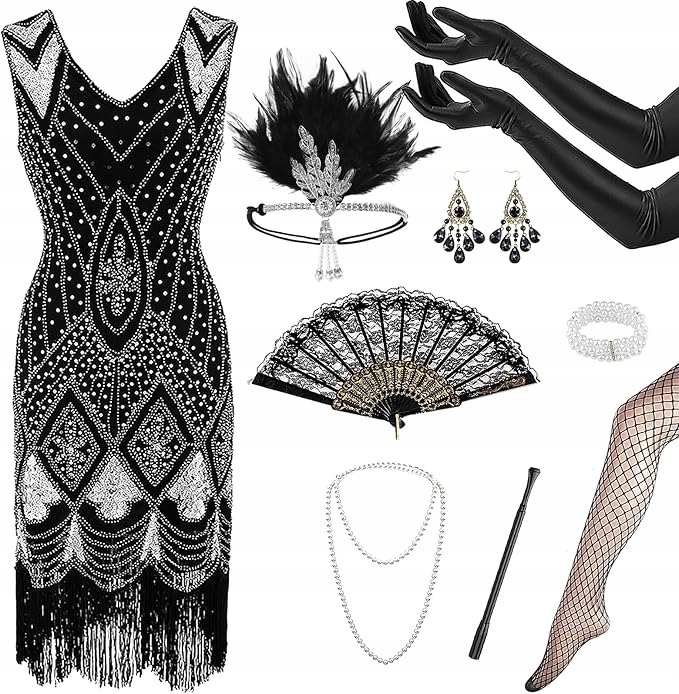 STYLOWA SUKIENKA RETRO Z CEKINAMI W STYLU LAT 20 WIELKI GATSBY CAŁY KOMPLET