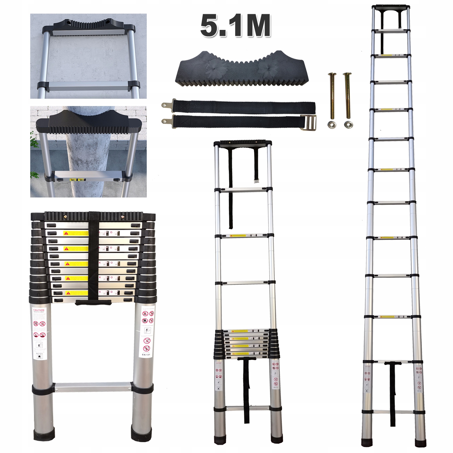 5.1M Teleskopowa Drabina Aluminiowa Zderzaki 150kg Udźwig Max EN131