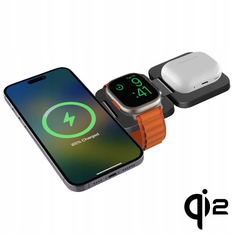 3v1 skládací bezdrátová Qi2 Magsafe nabíječka E310 železně šedá
