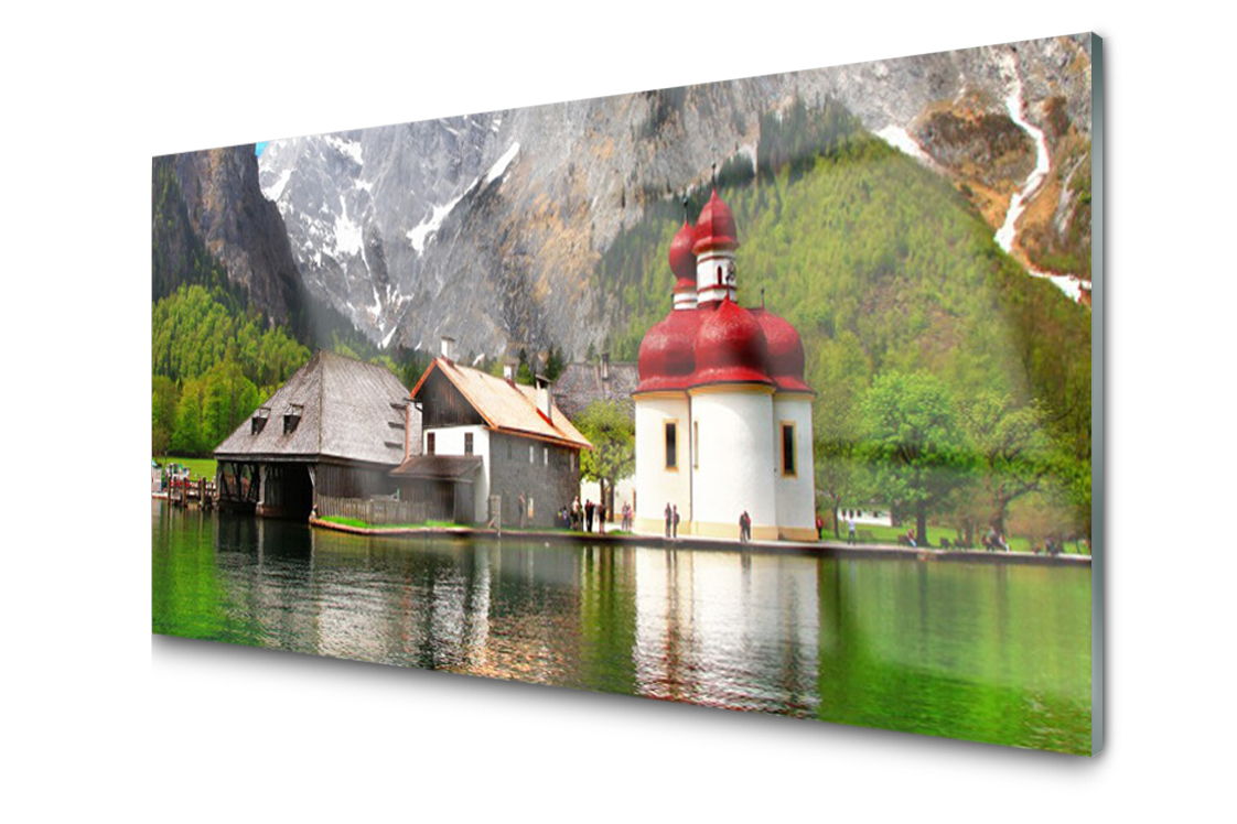 Sklenený panel dekor Hora Strom Dom 120x60 Lepidlo