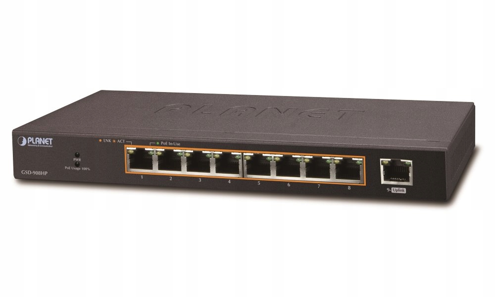Planet PoE switch 1Gbps, 9xTP, 8xPoE 802.3at 30W 120W, fanless